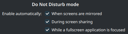 Screenshot showing the new setting to automatically enable DND when fullscreen windows are focused