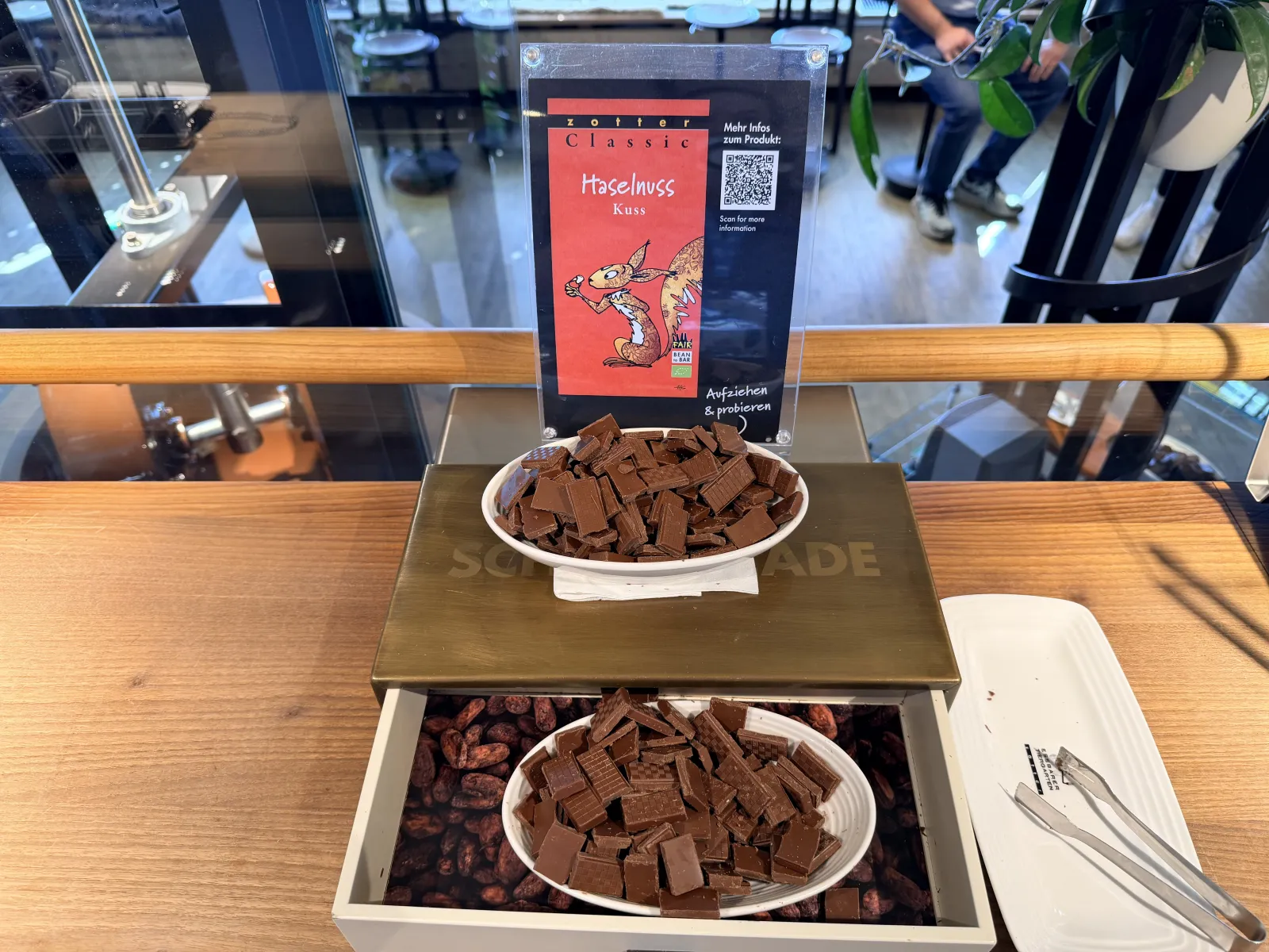 Chocolate sample chunks at a Zotter test station